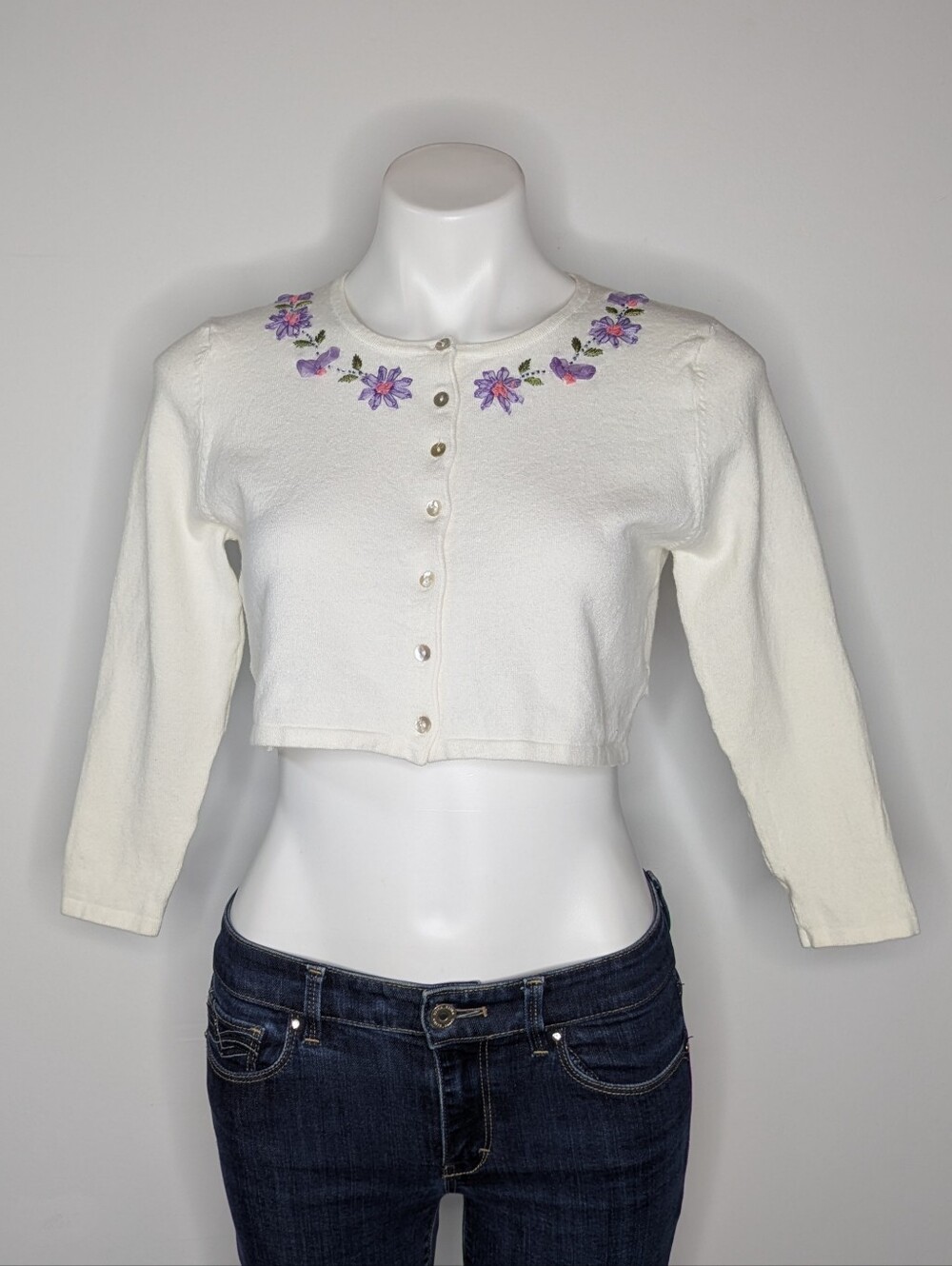 Vintage No Boundaries White Purple Floral Embroidered Button Up Shrug Cardigan